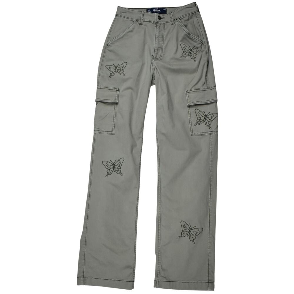 Hollister Women's Cargo Dad Pants 00 / 24 Green Butterfly Ultra High Rise Y2K